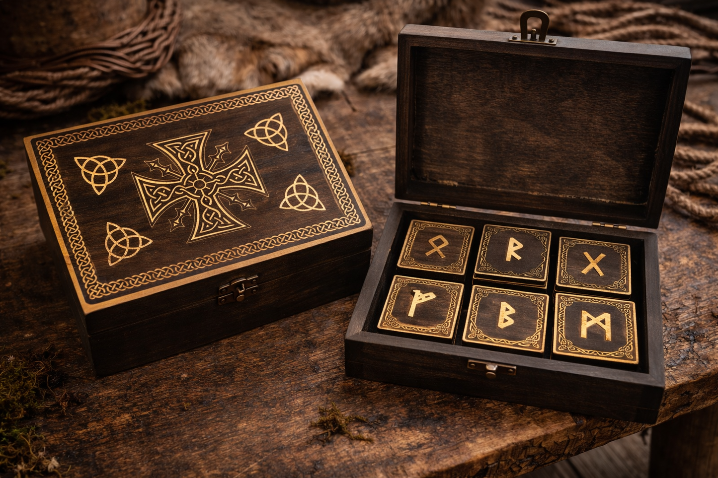 Rune in legno con cofanetto