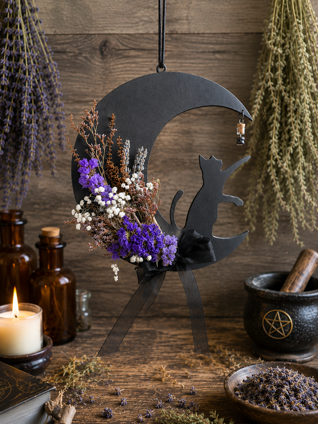 Luna nera con gatto in legno