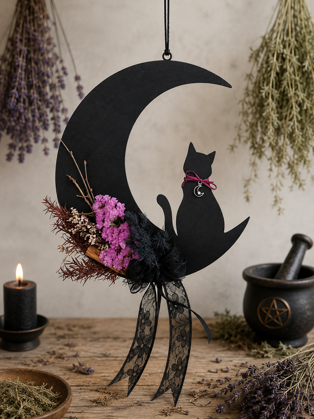 Luna nera con gatto in legno