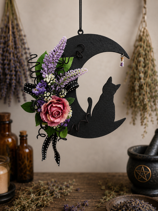 Luna nera con gatto in legno